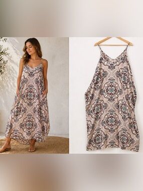 Love In Boho Floral Midi Dress Pink Multi Size L Flowy Cottagecore Fairy Slip